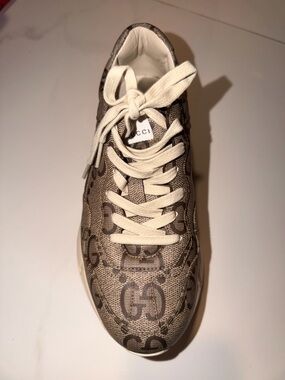 Gucci Tan GG Monogram Canvas Sneaker with Cream Laces AUTHENTIC